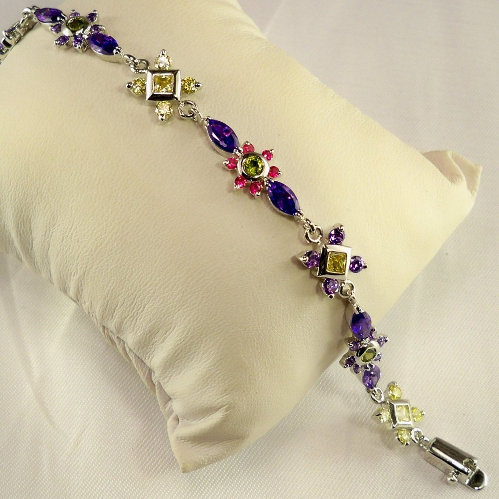 NEW Bezel Yellow, Purple Marquise, Pink Cubic Zirconias Silver Designer Bracelet